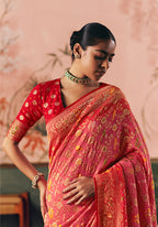 Monjolika Fashion Gajri Pink Bandhej Weaving Work Faux Khadi Georgette Saree - Distacart
