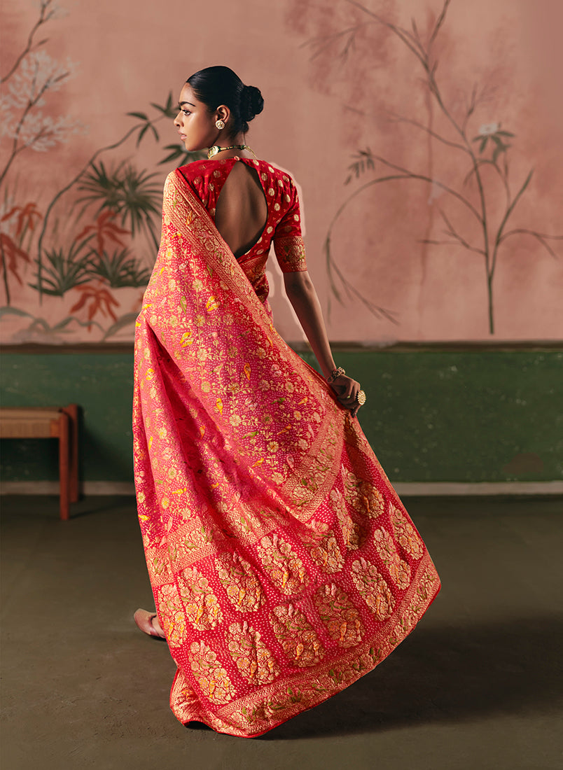 Monjolika Fashion Gajri Pink Bandhej Weaving Work Faux Khadi Georgette Saree - Distacart