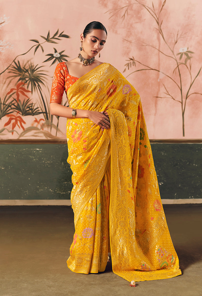 Monjolika Fashion Yellow Bandhej Weaving Work Faux Khadi Georgette Saree - Distacart