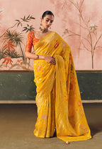 Monjolika Fashion Yellow Bandhej Weaving Work Faux Khadi Georgette Saree - Distacart