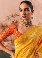 Monjolika Fashion Yellow Bandhej Weaving Work Faux Khadi Georgette Saree - Distacart