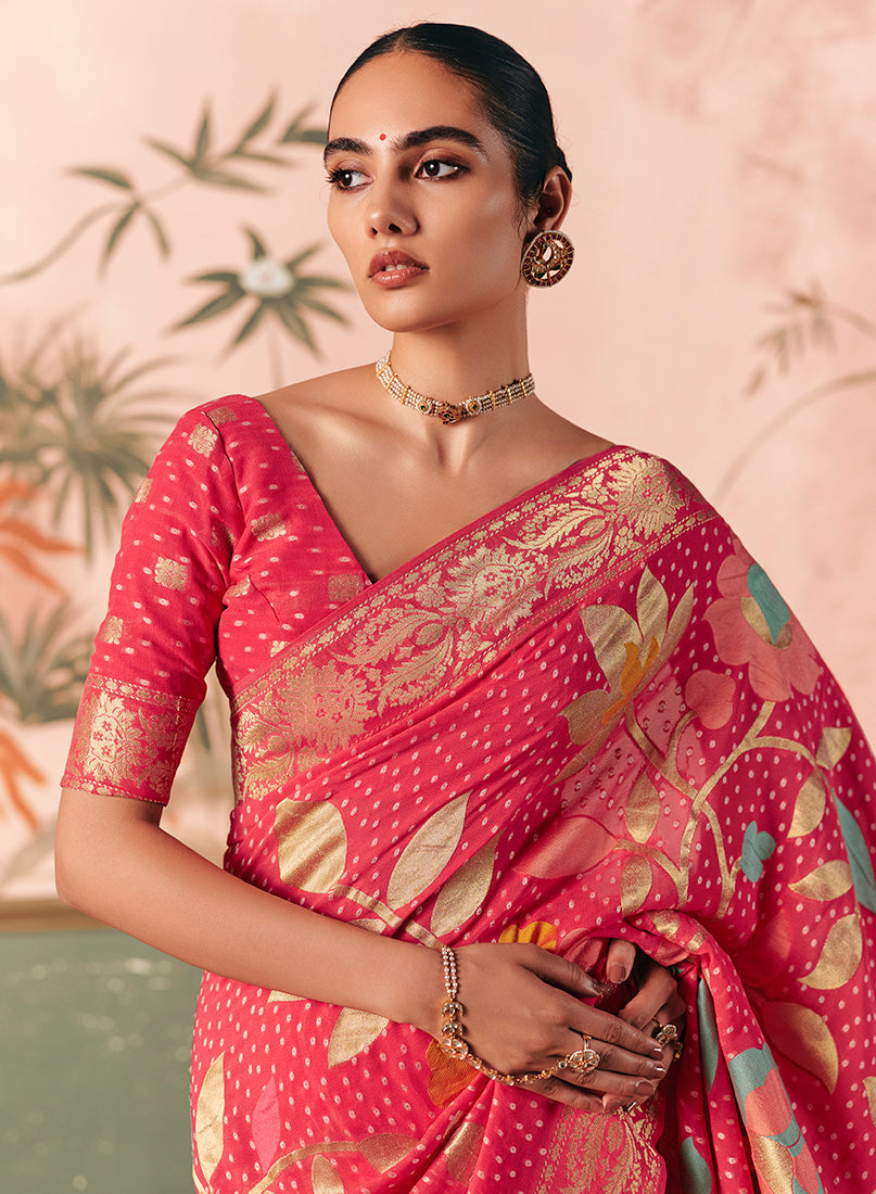 Monjolika Fashion Pink Bandhej Weaving Work Faux Khadi Georgette Saree - Distacart