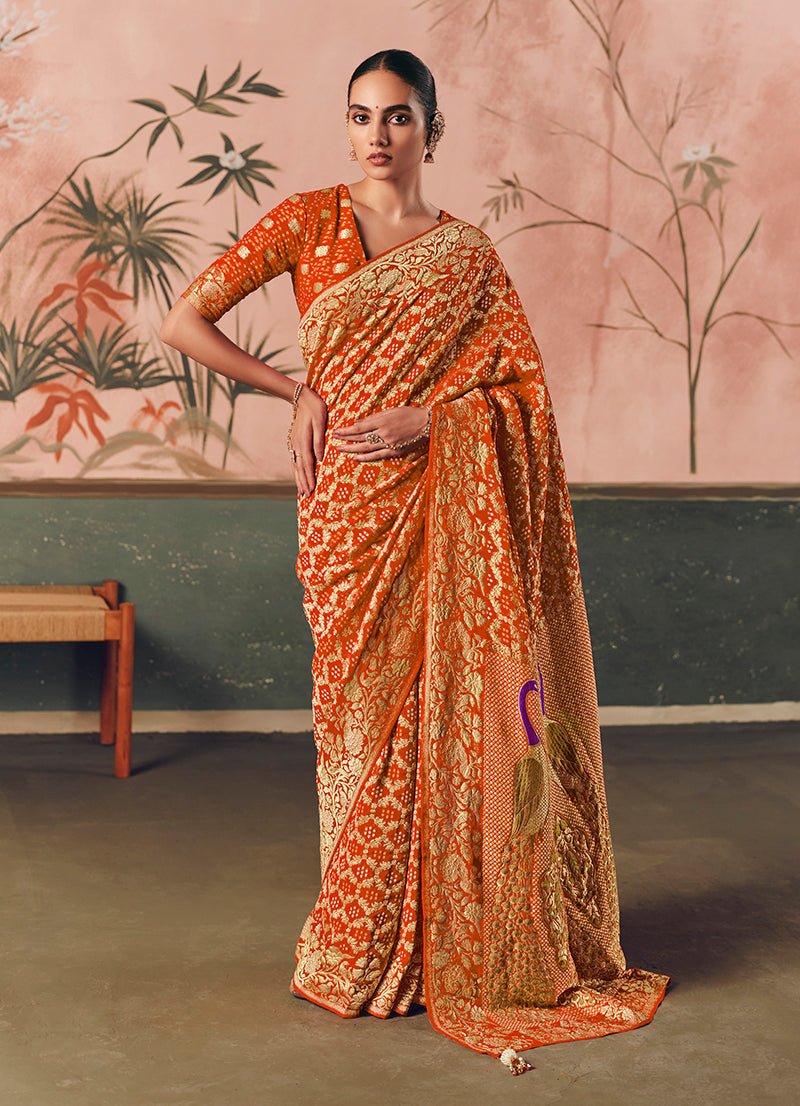 Monjolika Fashion Orange Bandhej Weaving Work Faux Khadi Georgette Saree - Distacart
