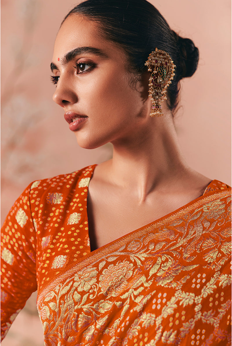 Monjolika Fashion Orange Bandhej Weaving Work Faux Khadi Georgette Saree - Distacart