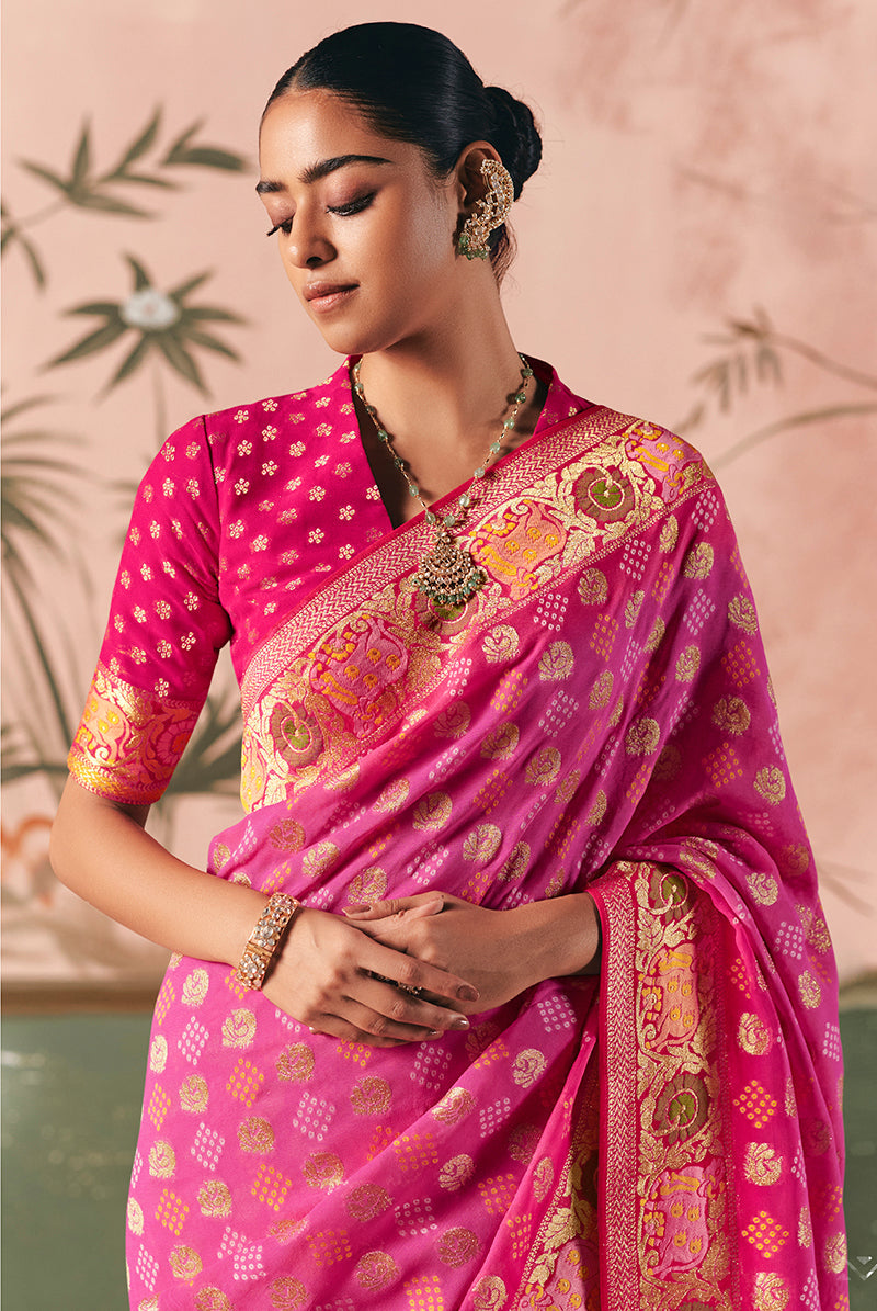Monjolika Fashion Pink Bandhej Weaving Work Faux Khadi Georgette Saree - Distacart