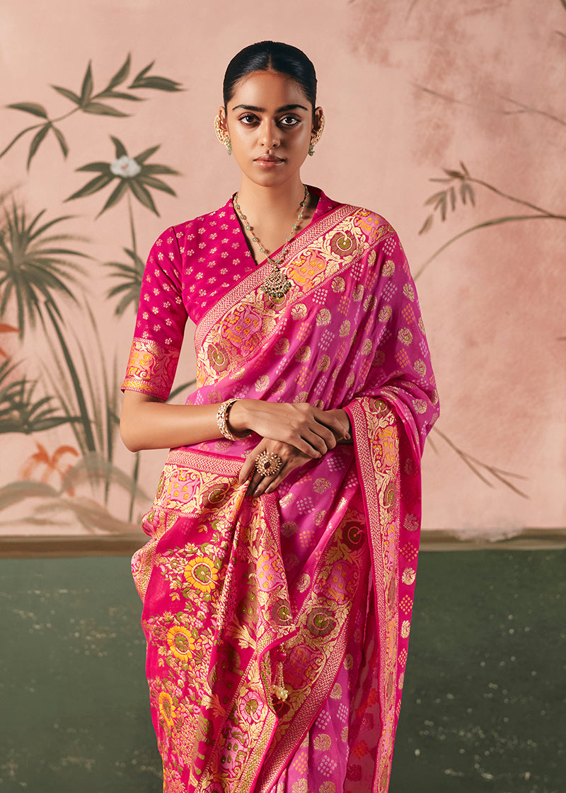 Monjolika Fashion Pink Bandhej Weaving Work Faux Khadi Georgette Saree - Distacart