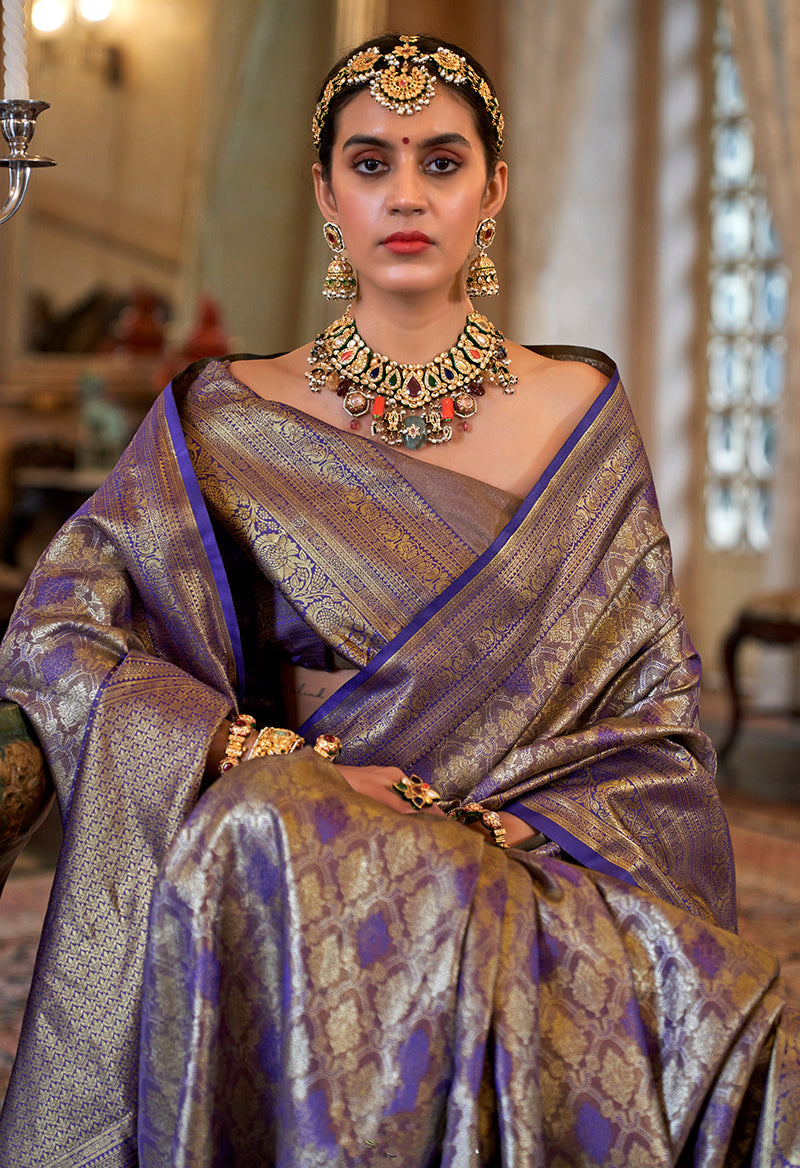 Monjolika Fashion Kanjivaram Silk Blend Classic Saree with Woven Work for Women in Violet - Distacart