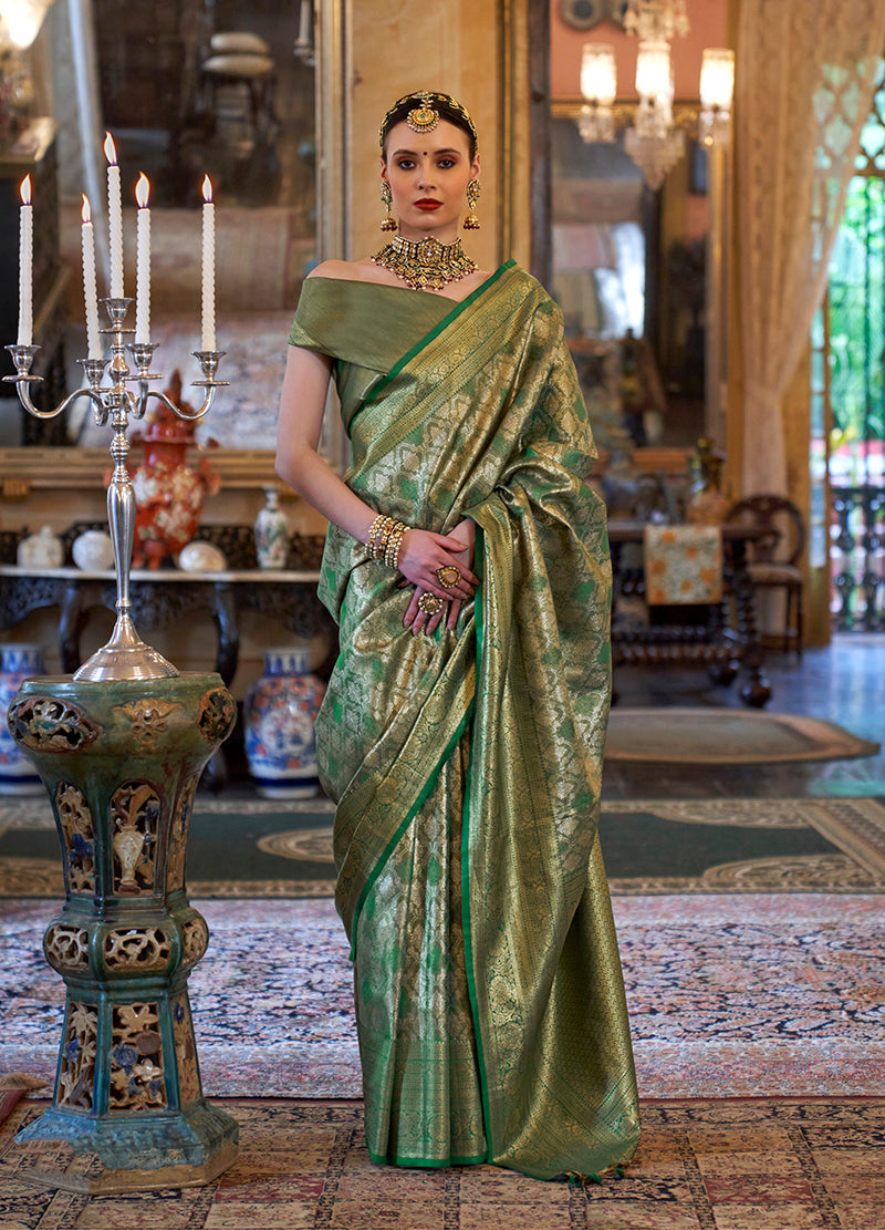 Monjolika Fashion Kanjivaram Silk Blend Classic Saree with Woven Work for Women in Green - Distacart