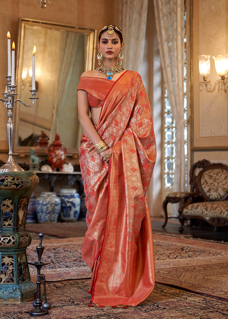 Monjolika Fashion Kanjivaram Silk Blend Classic Saree with Woven Work for Women in Orange - Distacart