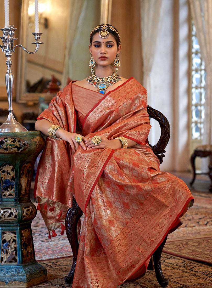 Monjolika Fashion Kanjivaram Silk Blend Classic Saree with Woven Work for Women in Orange - Distacart