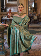 Monjolika Fashion Kanjivaram Silk Blend Classic Saree with Woven Work for Women in Teal - Distacart