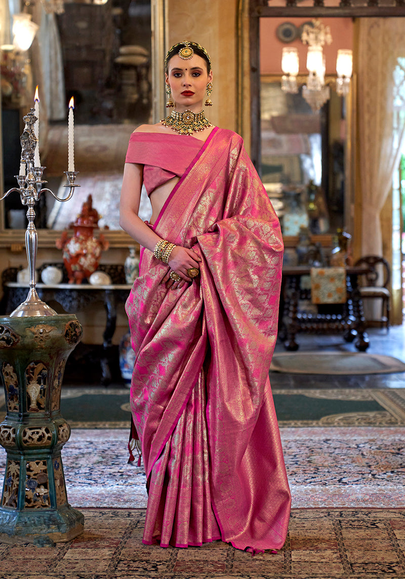 Monjolika Fashion Kanjivaram Silk Blend Classic Saree with Woven Work for Women in Pink - Distacart