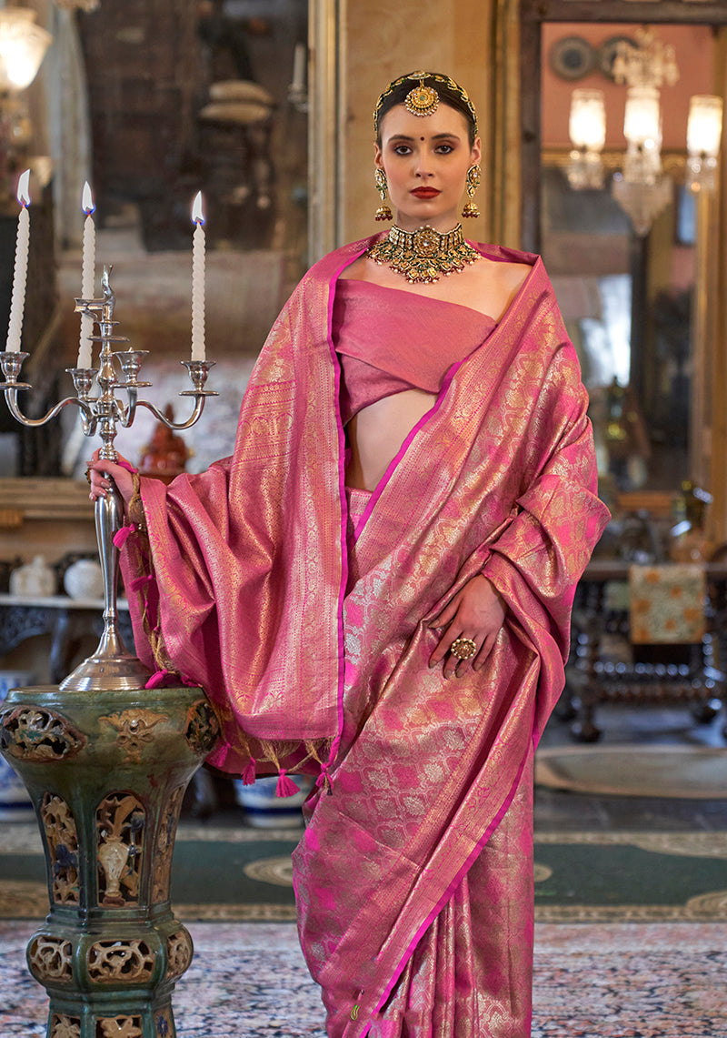 Monjolika Fashion Kanjivaram Silk Blend Classic Saree with Woven Work for Women in Pink - Distacart