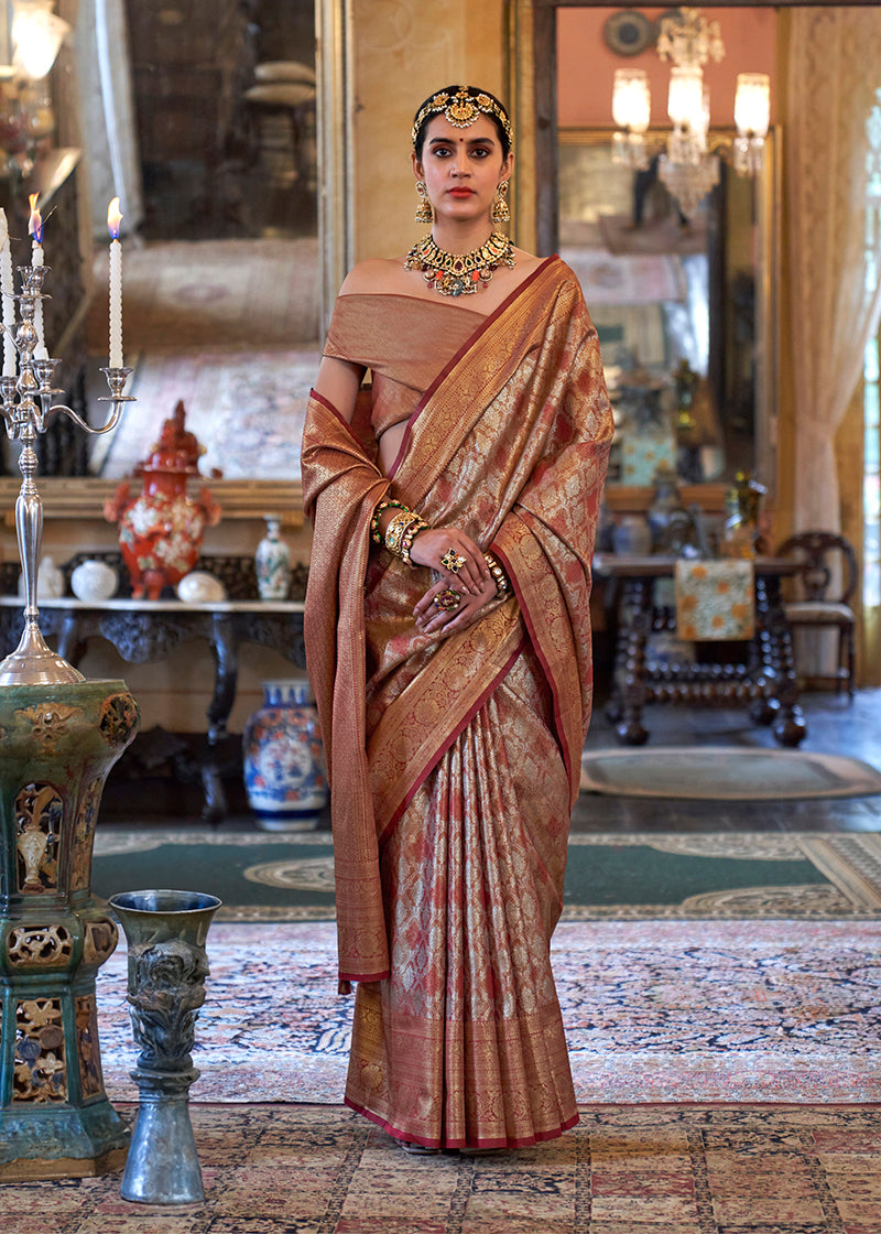 Monjolika Fashion Kanjivaram Silk Blend Classic Saree with Woven Work for Women in Brown - Distacart