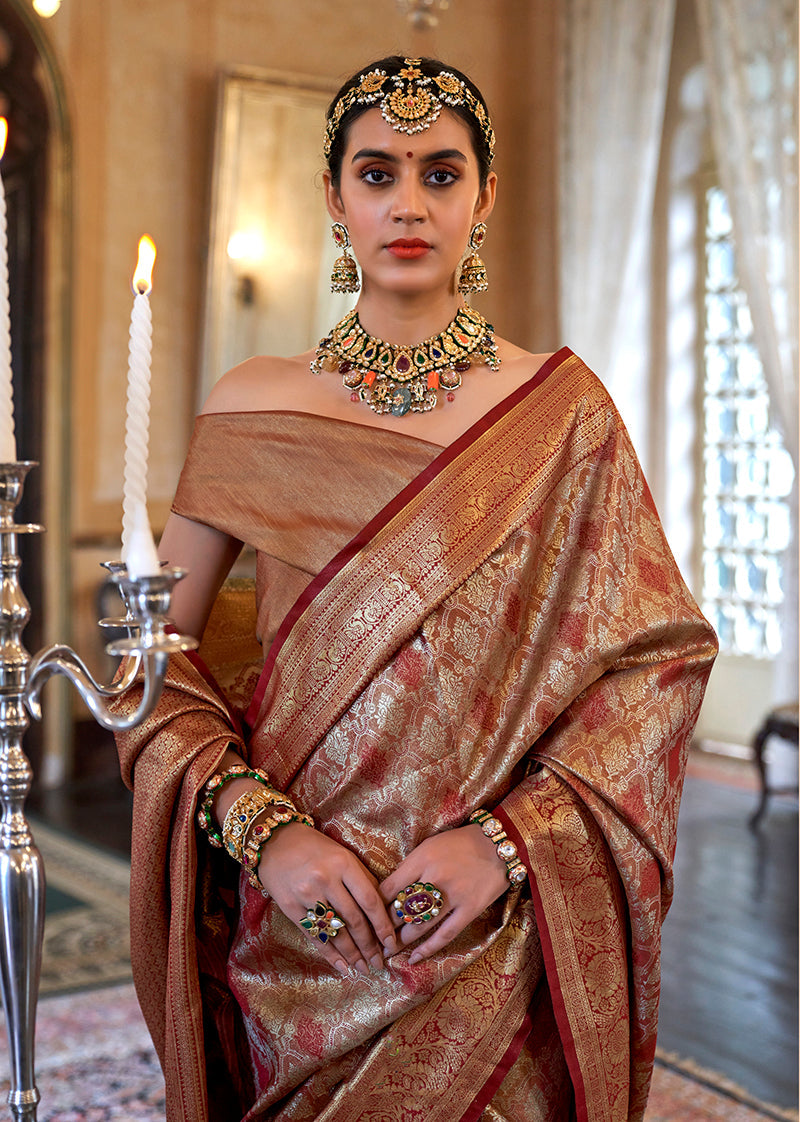 Monjolika Fashion Kanjivaram Silk Blend Classic Saree with Woven Work for Women in Brown - Distacart
