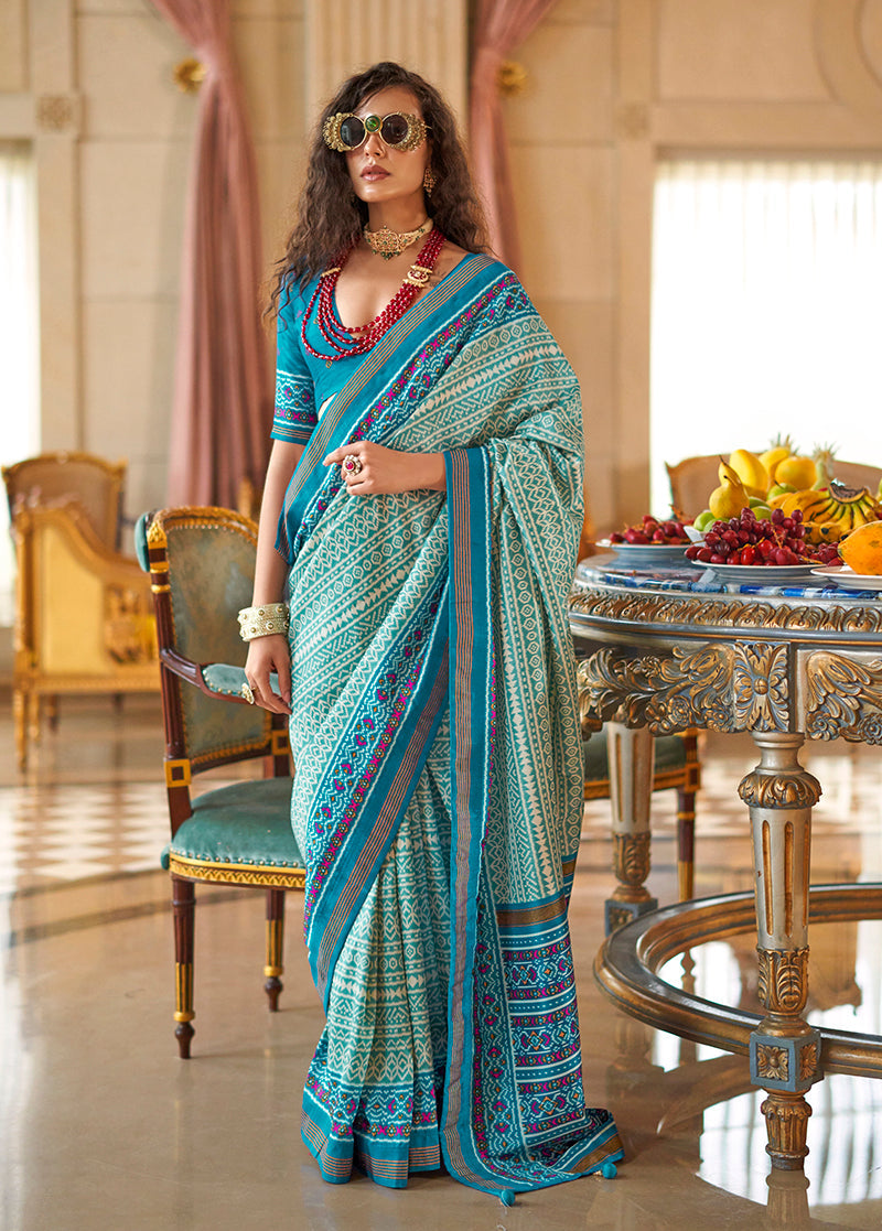 Monjolika Fashion Aqua Blue Printed Silk Blend Party Contemporary Saree - Distacart