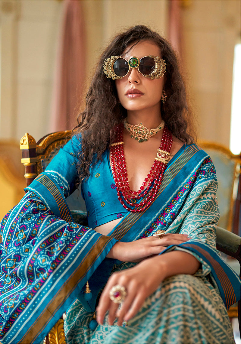 Monjolika Fashion Aqua Blue Printed Silk Blend Party Contemporary Saree - Distacart