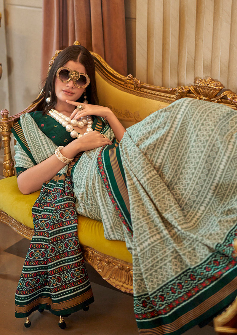 Monjolika Fashion Green Printed Silk Blend Party Contemporary Saree - Distacart