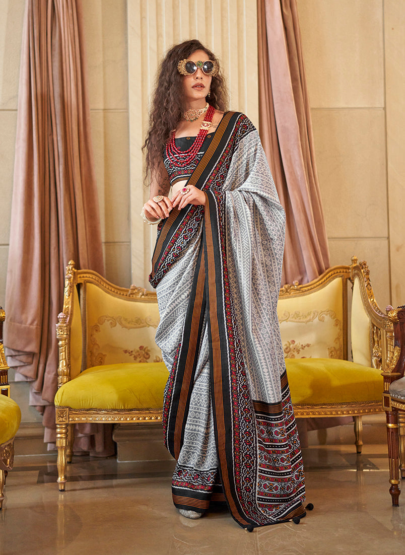 Monjolika Fashion Grey Printed Silk Blend Party Contemporary Saree - Distacart