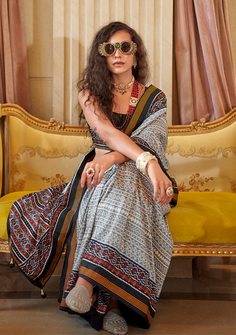 Monjolika Fashion Grey Printed Silk Blend Party Contemporary Saree - Distacart