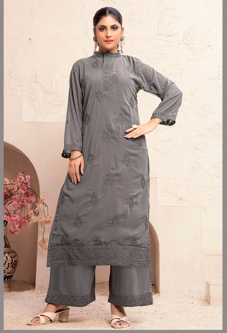 Monjolika Fashion Grey Georgette Embroidered Work Party Pant Style Suit