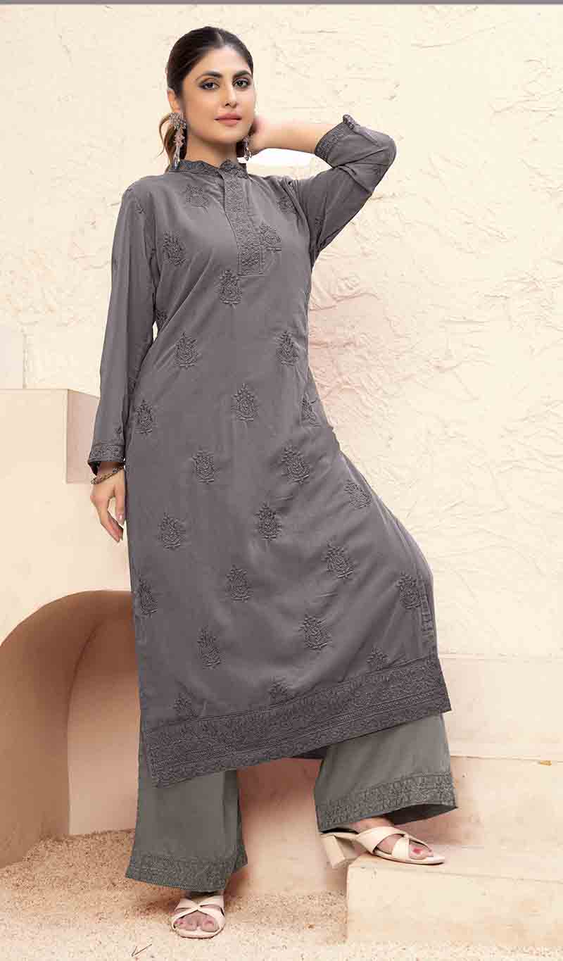 Monjolika Fashion Grey Georgette Embroidered Work Party Pant Style Suit - Distacart
