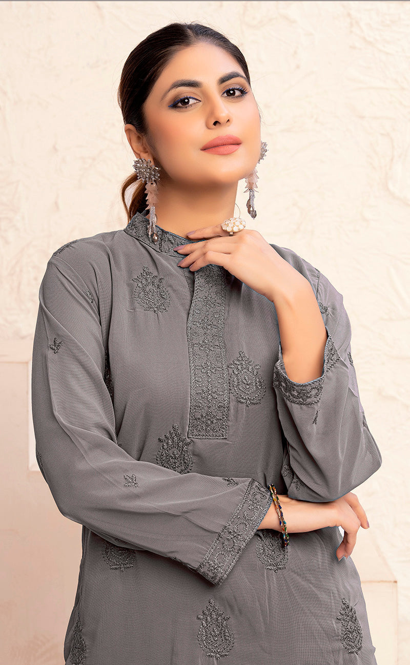 Monjolika Fashion Grey Georgette Embroidered Work Party Pant Style Suit - Distacart