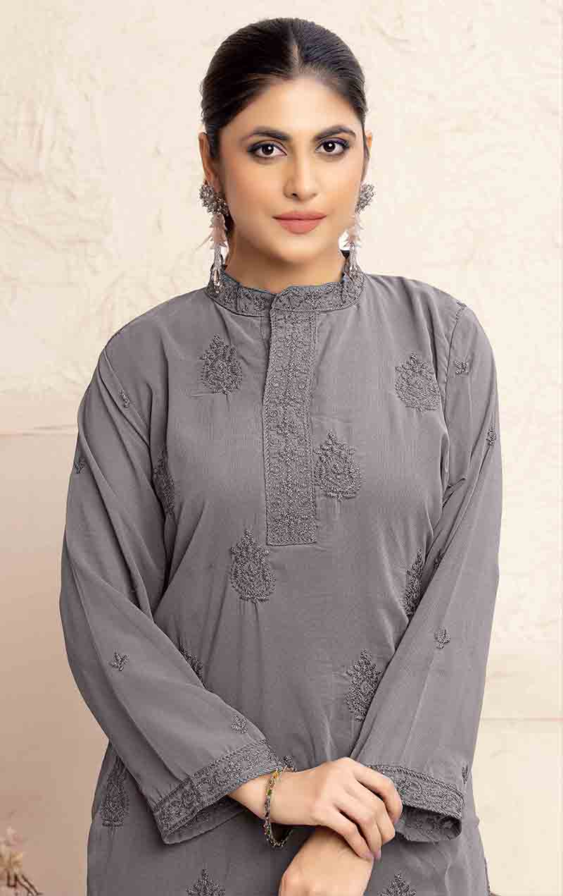 Monjolika Fashion Grey Georgette Embroidered Work Party Pant Style Suit - Distacart
