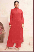 Monjolika Fashion Light Red Georgette Embroidered Work Party Pant Style Suit - Distacart