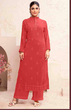Monjolika Fashion Light Red Georgette Embroidered Work Party Pant Style Suit - Distacart