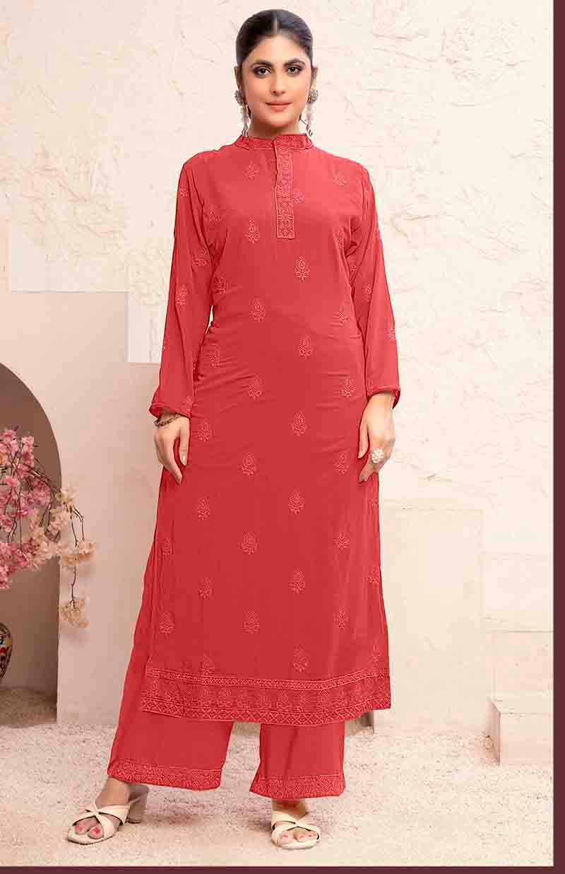 Monjolika Fashion Light Red Georgette Embroidered Work Party Pant Style Suit - Distacart