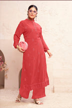 Monjolika Fashion Light Red Georgette Embroidered Work Party Pant Style Suit - Distacart
