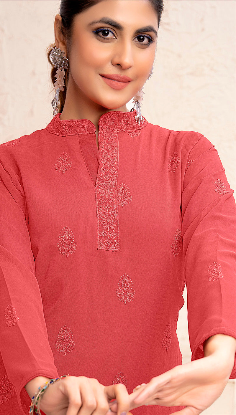 Monjolika Fashion Light Red Georgette Embroidered Work Party Pant Style Suit - Distacart