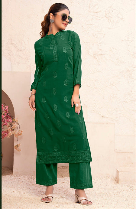 Monjolika Fashion Dark Green Georgette Embroidered Work Party Pant Style Suit