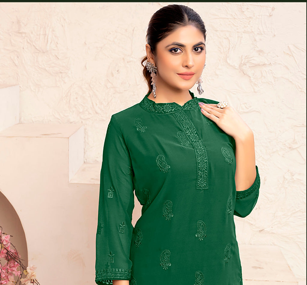 Monjolika Fashion Dark Green Georgette Embroidered Work Party Pant Style Suit - Distacart