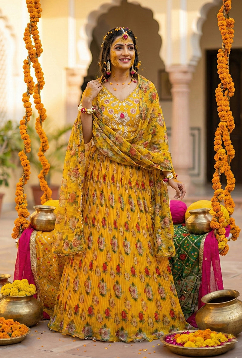 Monjolika Fashion Yellow Floral Printed Organza Lehenga Choli