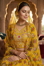 Monjolika Fashion Yellow Floral Printed Organza Lehenga Choli