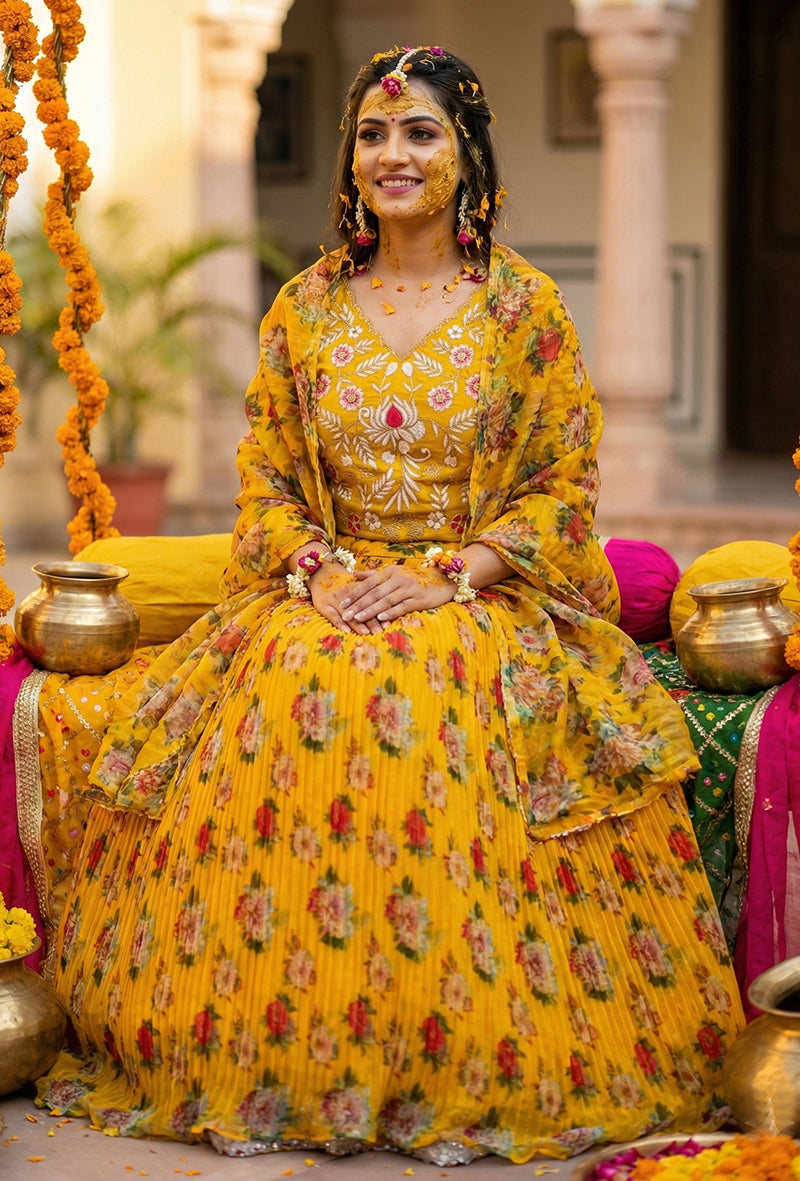 Monjolika Fashion Yellow Floral Printed Organza Lehenga Choli