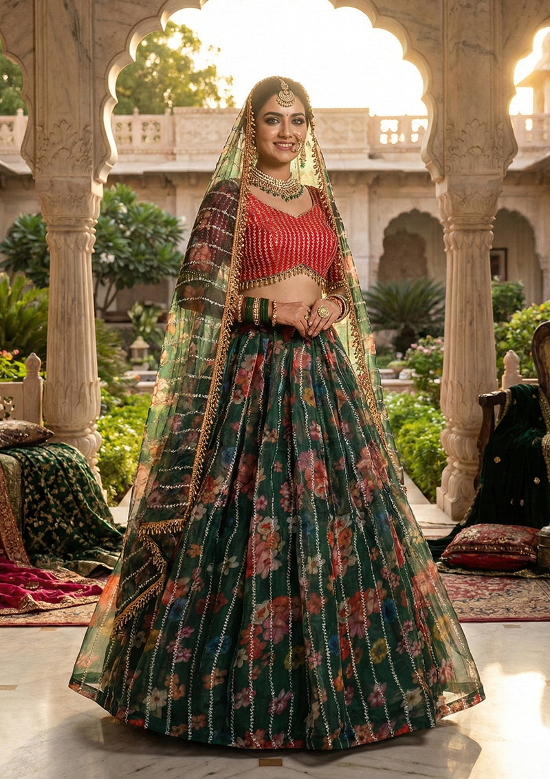 Monjolika Fashion Dark Green Floral Printed Embroidered Organza Lehenga Choli