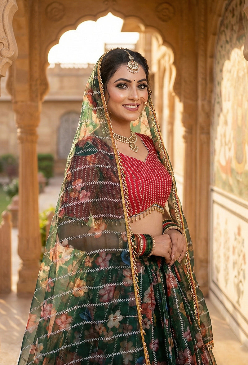 Monjolika Fashion Dark Green Floral Printed Embroidered Organza Lehenga Choli