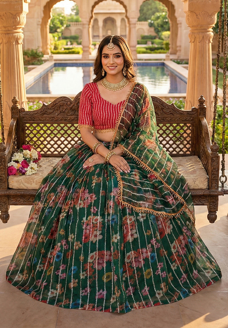 Monjolika Fashion Dark Green Floral Printed Embroidered Organza Lehenga Choli