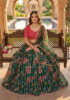 Monjolika Fashion Dark Green Floral Printed Embroidered Organza Lehenga Choli