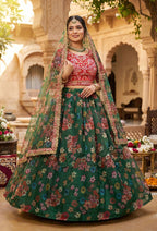 Monjolika Fashion Dark Green Floral Printed Organza Lehenga Choli