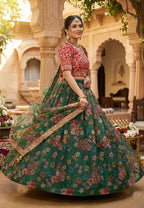 Monjolika Fashion Dark Green Floral Printed Organza Lehenga Choli