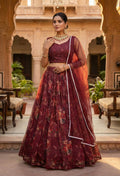Monjolika Fashion Wine Floral Printed Organza Lehenga Choli