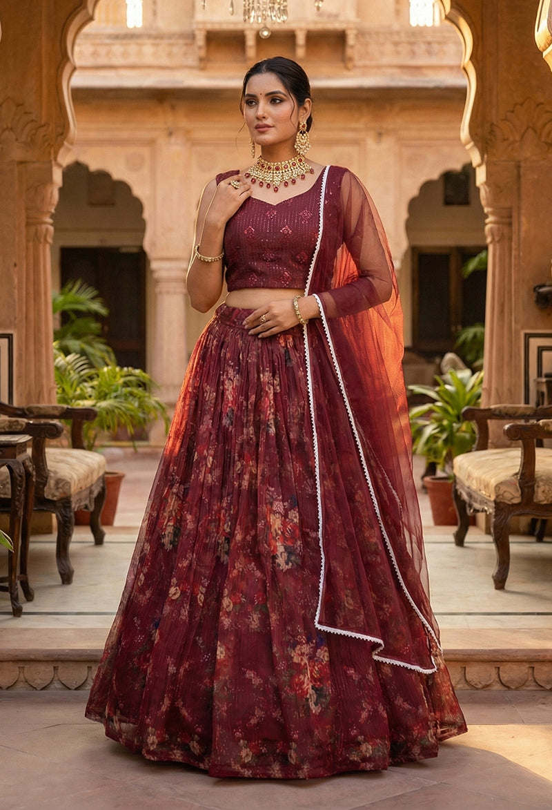 Monjolika Fashion Wine Floral Printed Organza Lehenga Choli