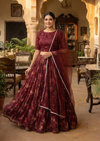 Monjolika Fashion Wine Floral Printed Organza Lehenga Choli