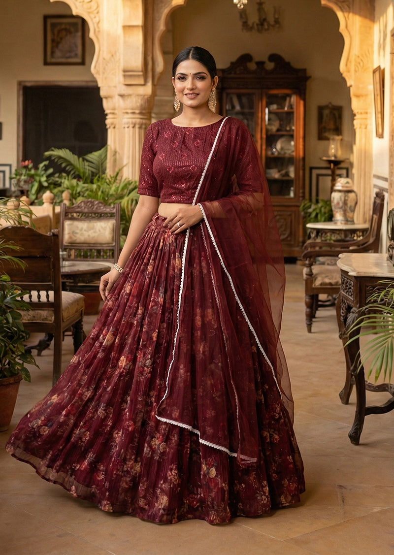 Monjolika Fashion Wine Floral Printed Organza Lehenga Choli