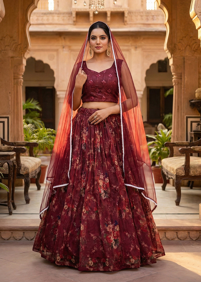 Monjolika Fashion Wine Floral Printed Organza Lehenga Choli