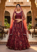 Monjolika Fashion Wine Floral Printed Organza Lehenga Choli